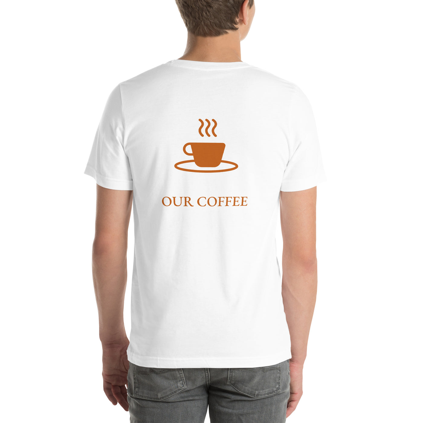 In cryptography, we trust... our coffee (Orange Text) - Unisex t-shirt ( Back Print )
