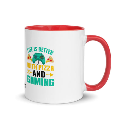 Life is Better With Pizza and Gaming Rima 14 in Dark Text - Mug with Color Inside