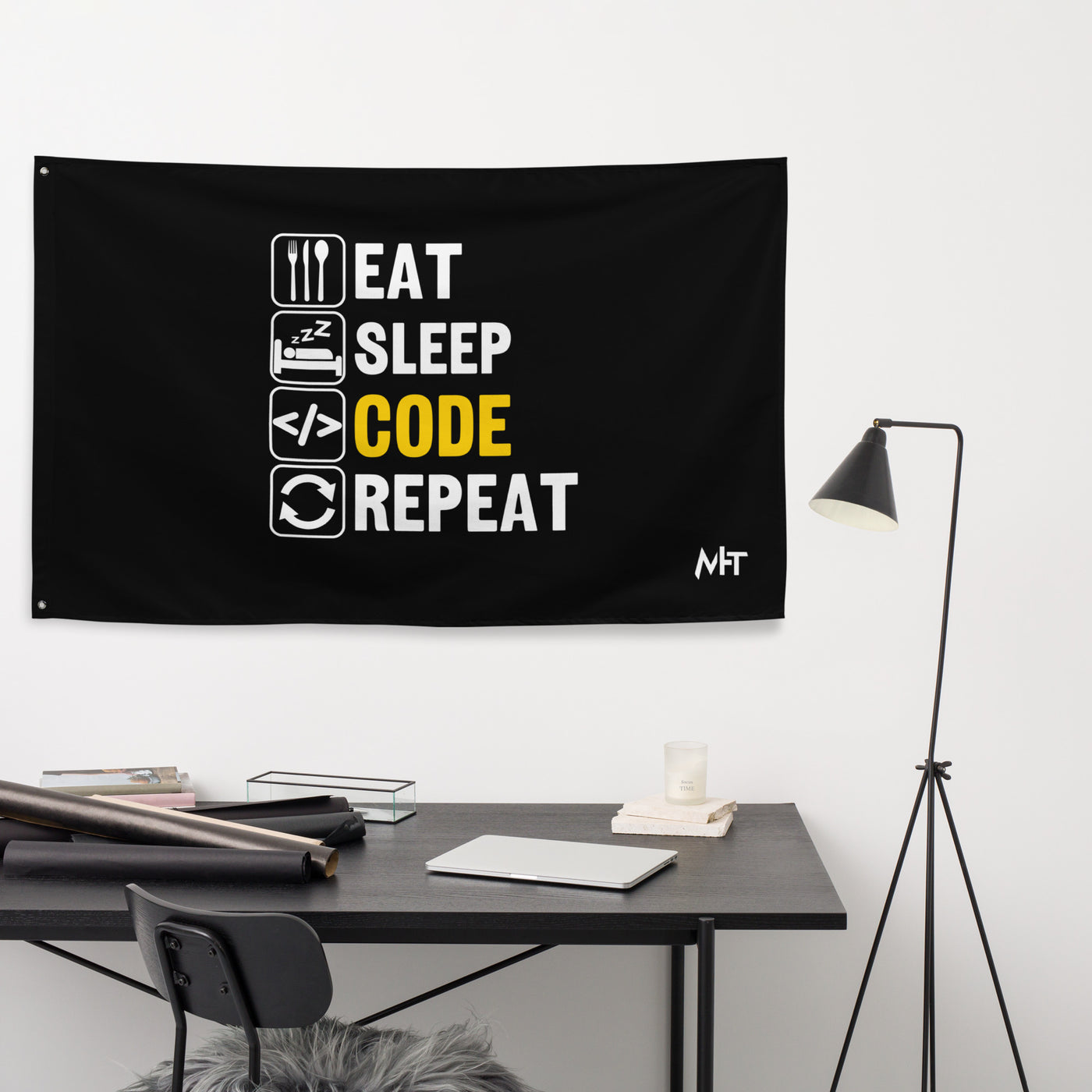 Eat Sleep Code Repeat ( Yellow Text ) - Flag