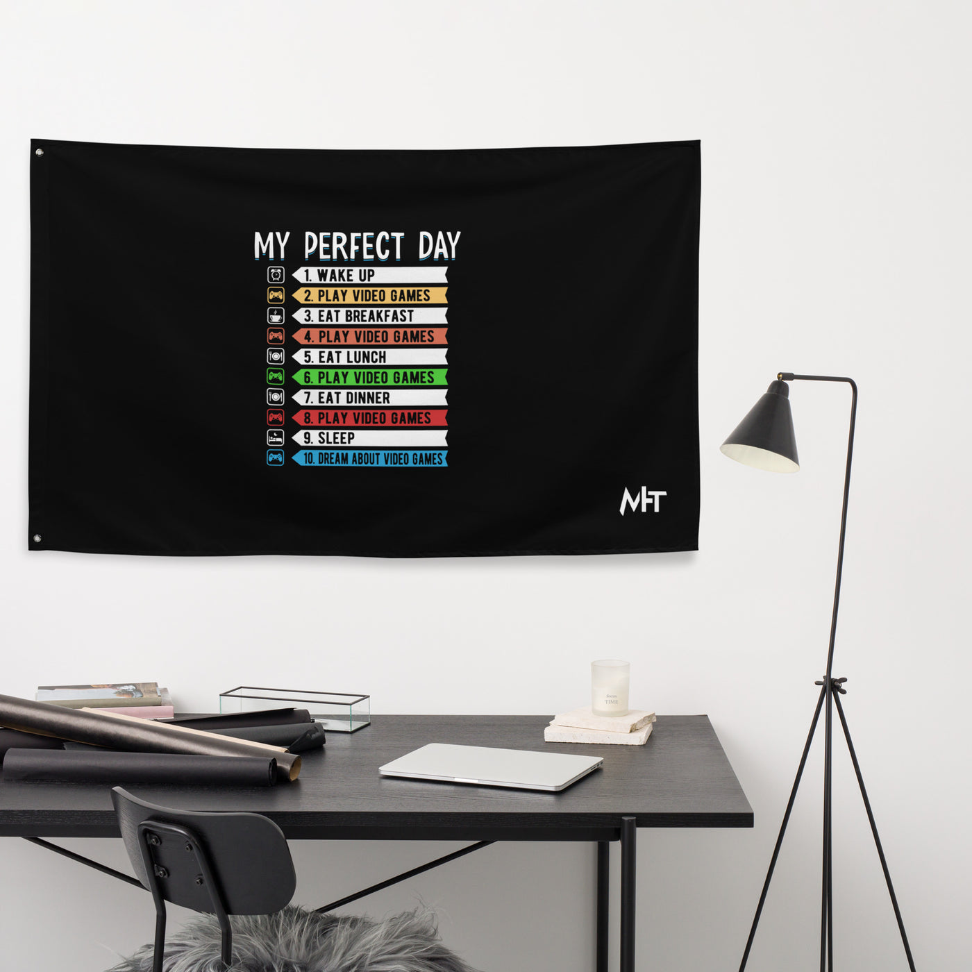 My perfect day wake up play video game Flag