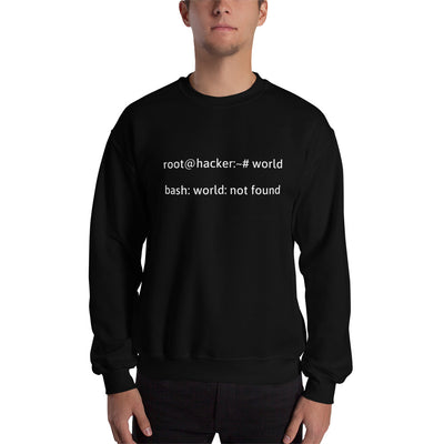 root@hacker:~# world  bash: world: not found - Sweatshirt (white text)