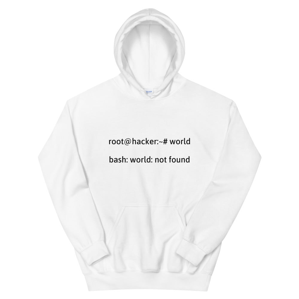 root@hacker:~# world  bash: world: not found - Hooded Sweatshirt (black text)