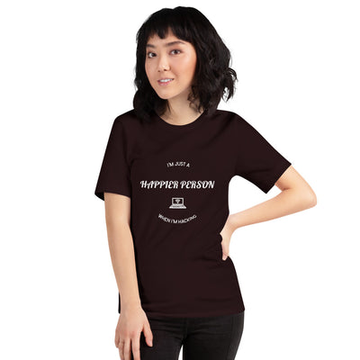 I'm a happier person when I'm hacking - Short-Sleeve Unisex T-Shirt (white text)