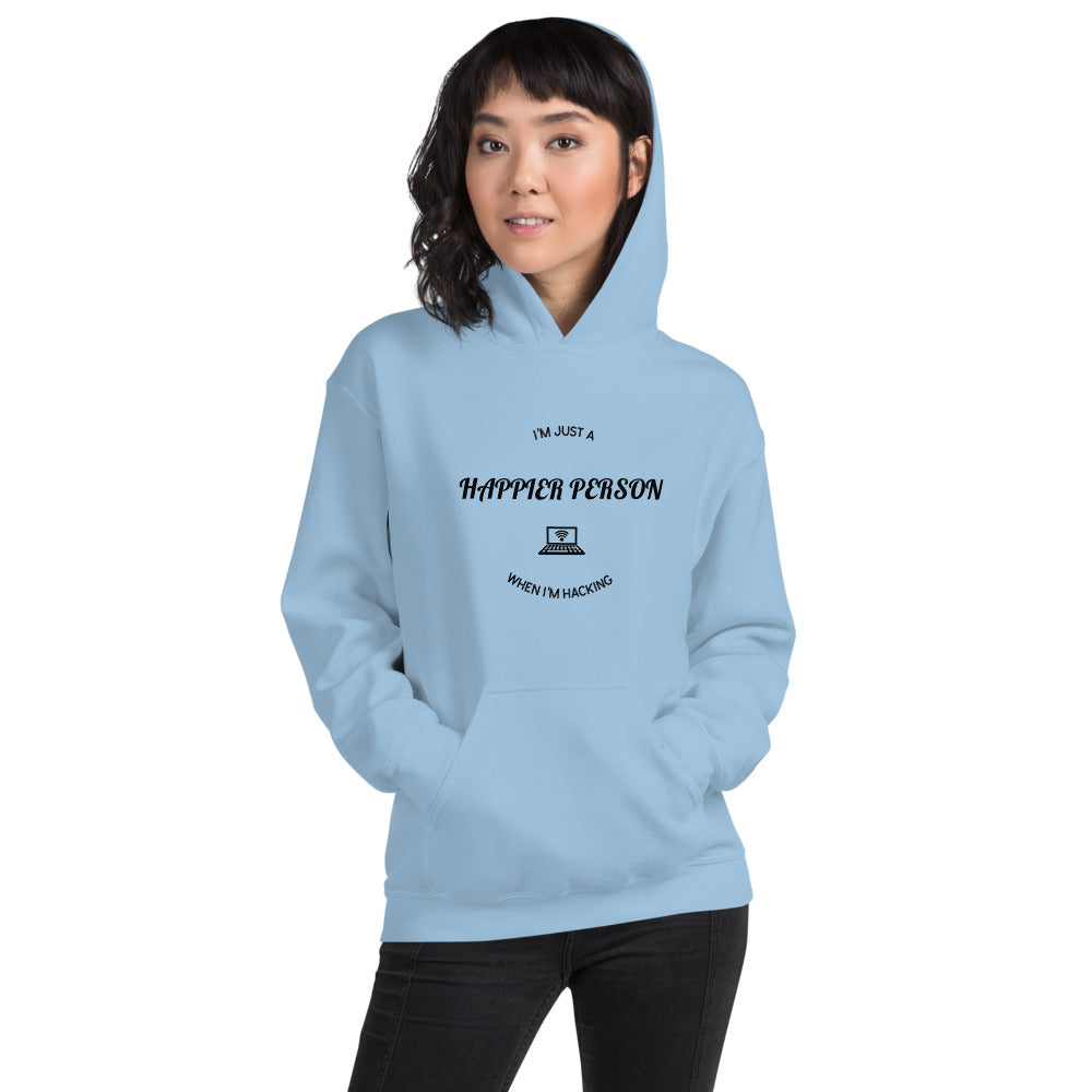 I'm a happier person when I'm hacking - Unisex Hoodie (black text)