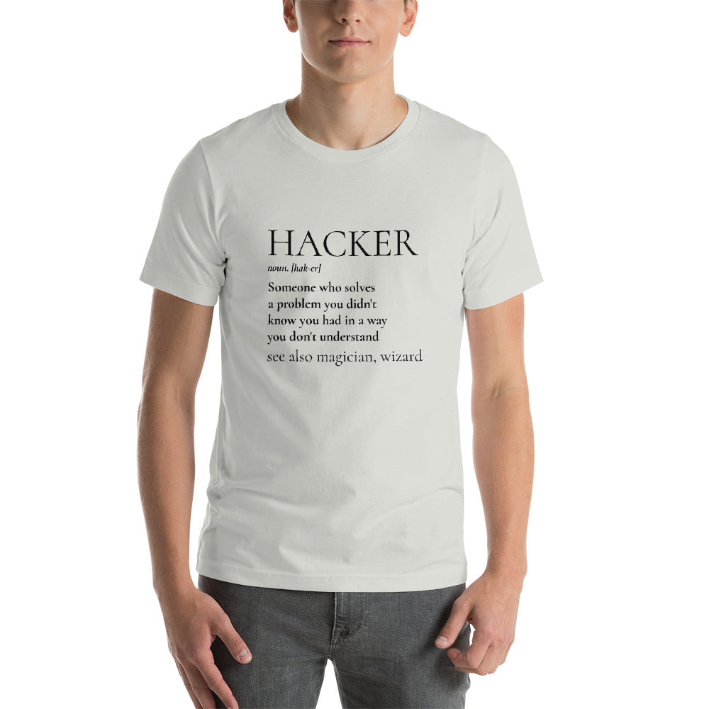 HACKER noun. [hak-er] - Short-Sleeve Unisex T-Shirt (black text)