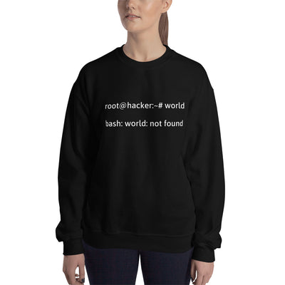 root@hacker:~# world  bash: world: not found - Sweatshirt (white text)