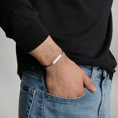 Hacker - Engraved Silver Bar String Bracelet (outlined)