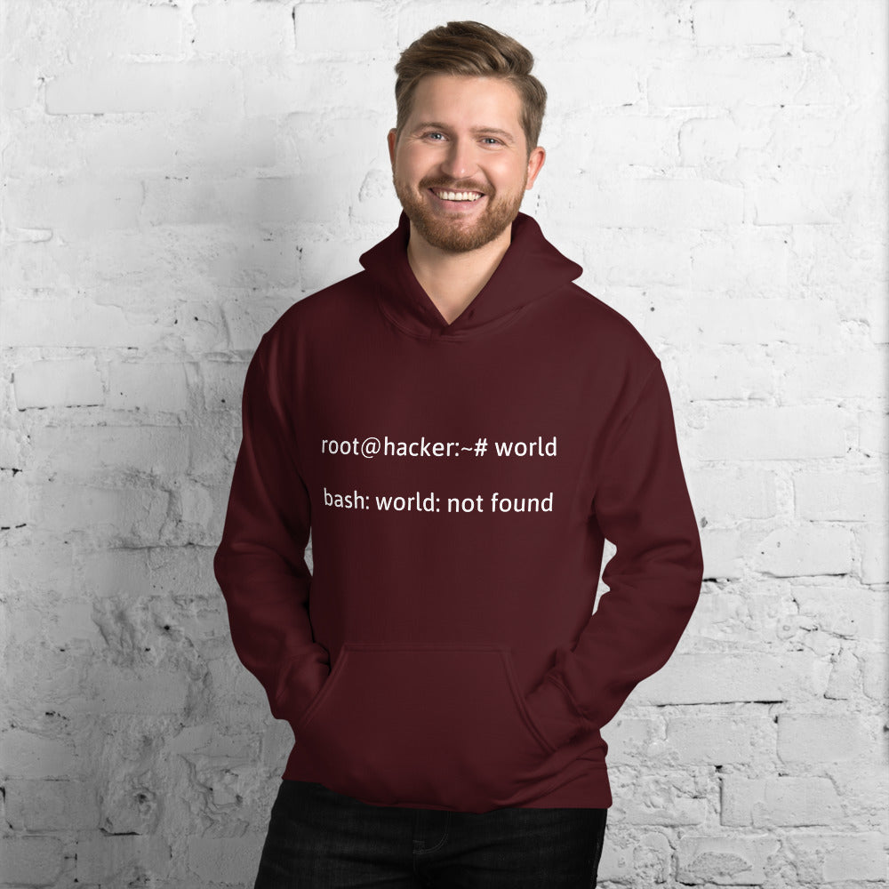 root@hacker:~# world  bash: world: not found - Hooded Sweatshirt (white text)