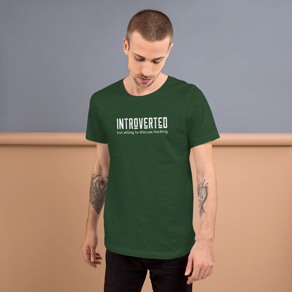 Introverted but willing to discuss hacking - Short-Sleeve Unisex T-Shirt (white text)