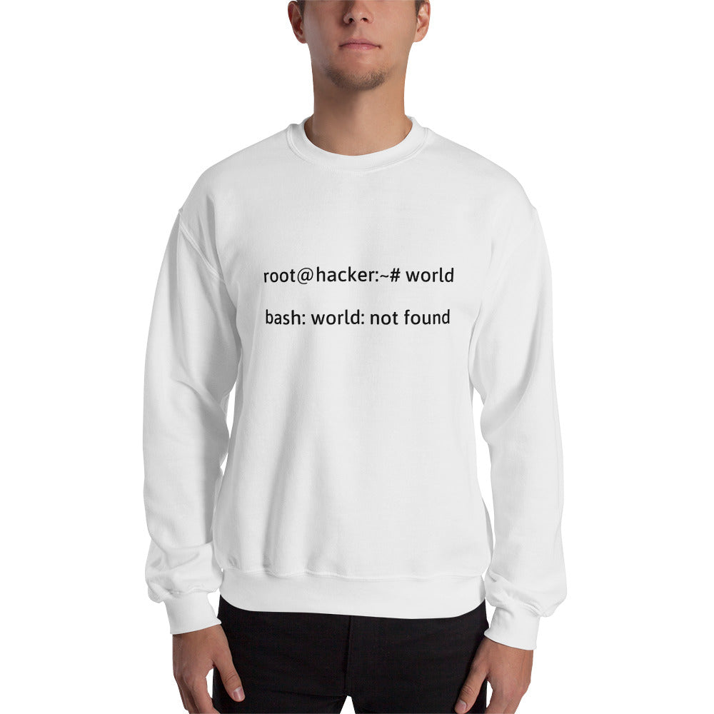 root@hacker:~# world  bash: world: not found - Sweatshirt (black text)