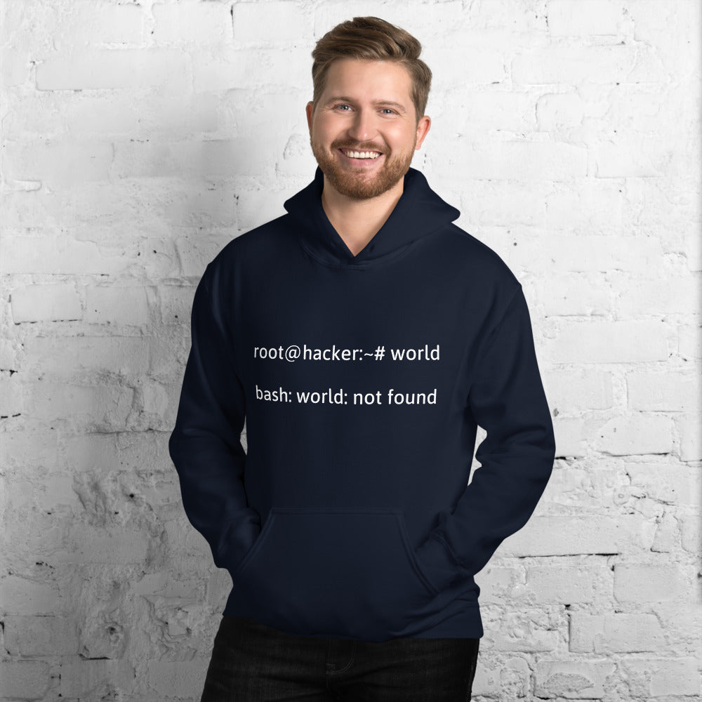 root@hacker:~# world  bash: world: not found - Hooded Sweatshirt (white text)