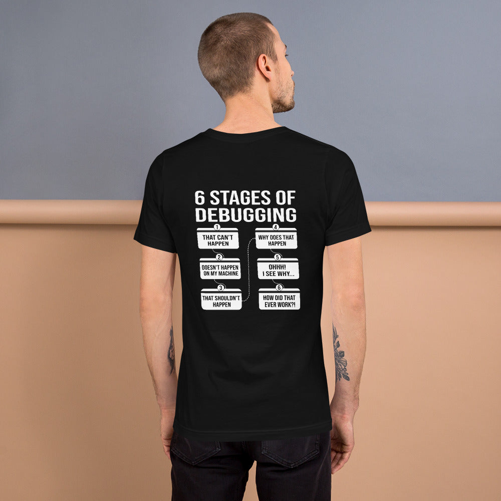 6 Stages of Debugging - Unisex t-shirt (back print)